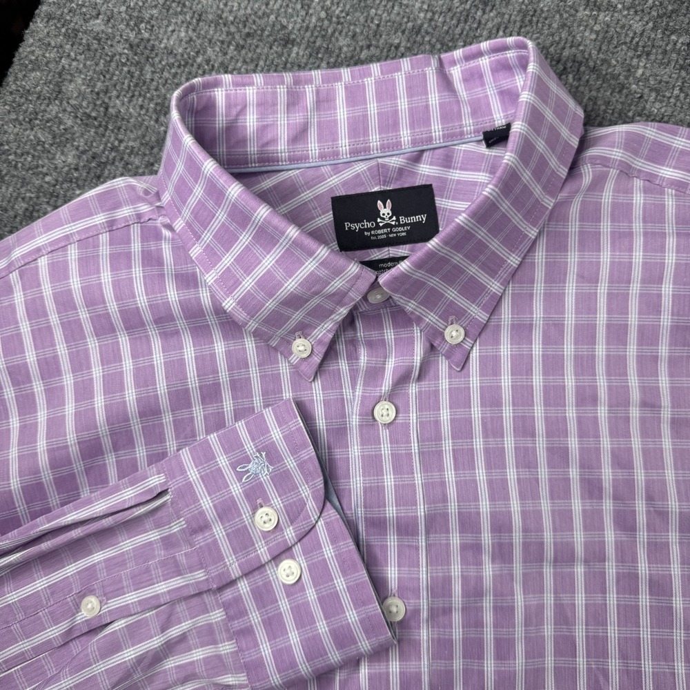 Psycho Bunny Dress Shirt Mens 17.5-34/35 Purple Plaid Button Up Modern Stretch